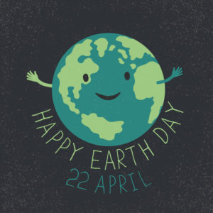Earth Day Illustration. Earth smiling and reveals a hug. "Happy
