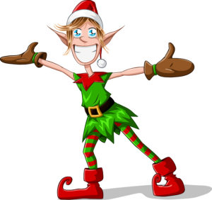 A vector illustration of a Christmas elf spreading his arms and smiling.