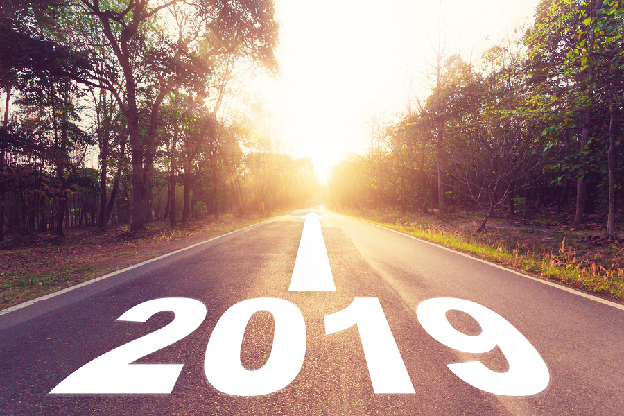 Empty asphalt road and New year 2019 concept. Driving on an empty road to Goals 2019.