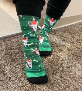 Frankel staff member wearing Santa dog socks.