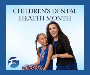 Dental hygienist and child on a banner celebrating children's dental health month.